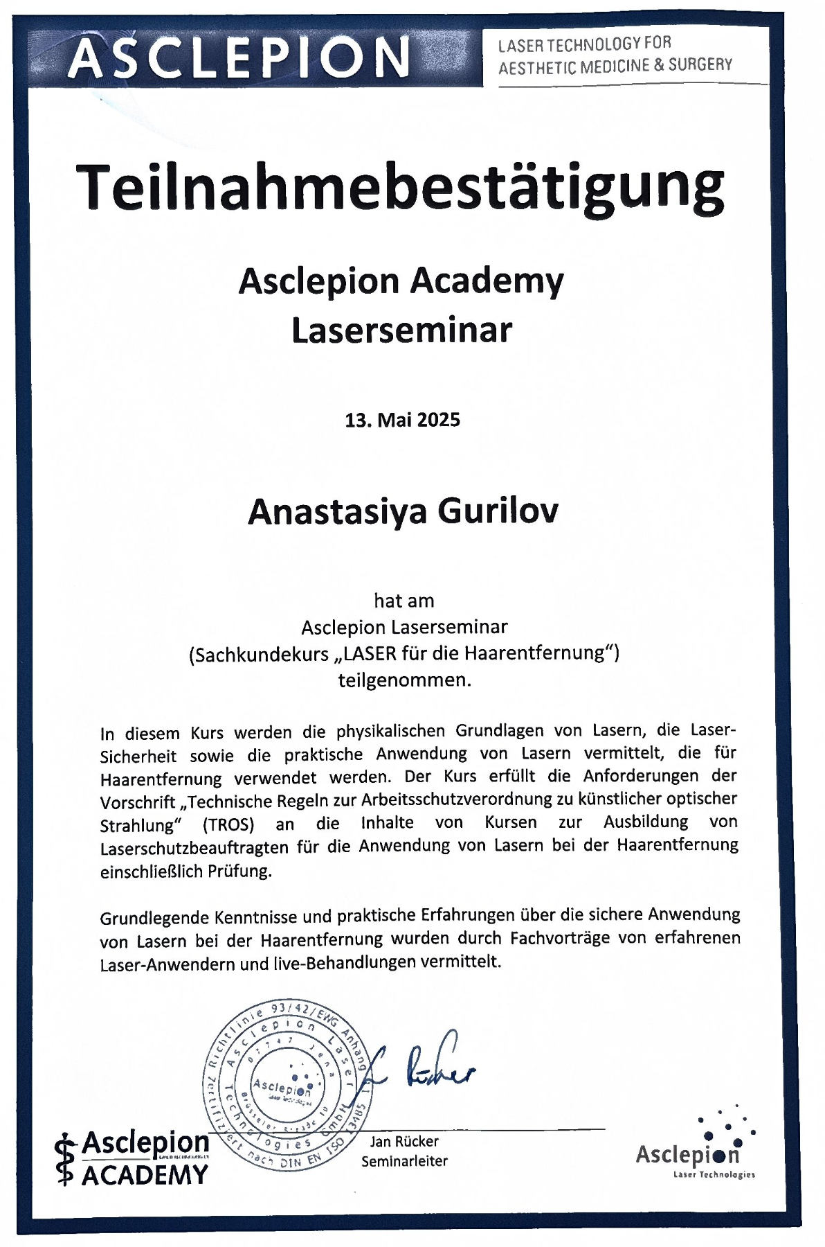 Sachkundekurs „LASER für die Haarentfernung“ – Asclepion Academy